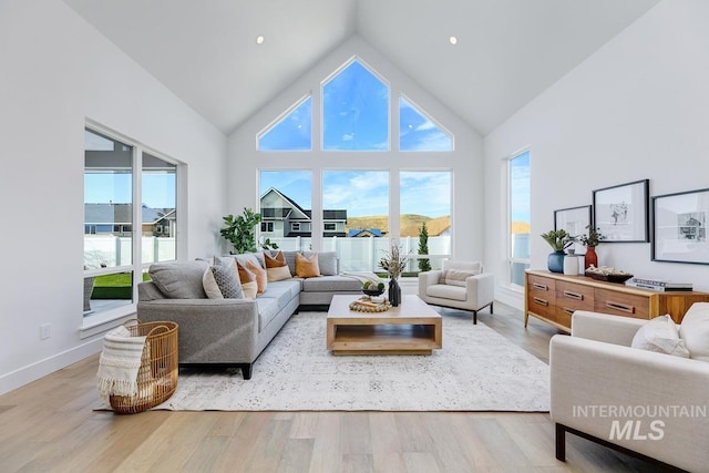 living room featuring high vaulted ceiling, light hardwood / wood-style floors, and a healthy amount of sunlight