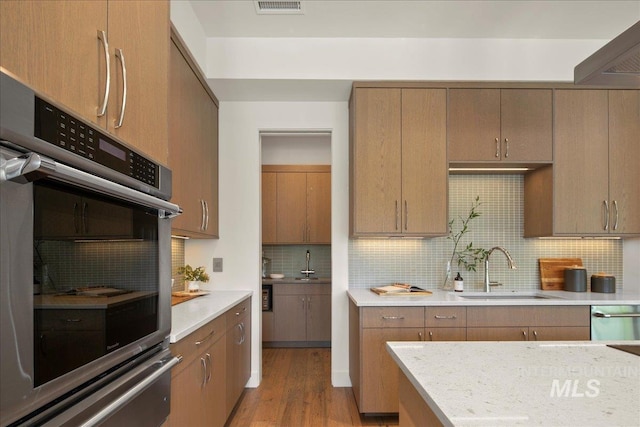 kitchen featuring appliances with stainless steel finishes, a sink, tasteful backsplash, and light wood-type flooring