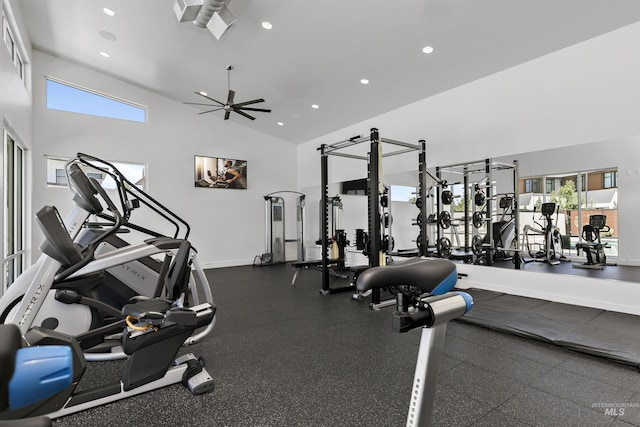 workout area featuring plenty of natural light, high vaulted ceiling, ceiling fan, recessed lighting, and baseboards