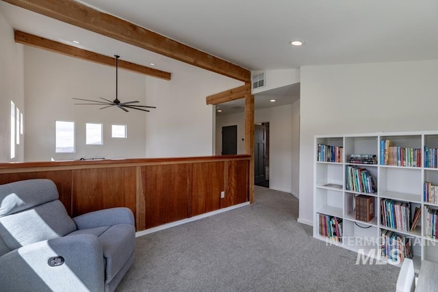 sitting room featuring carpet flooring, recessed lighting, ceiling fan, and baseboards