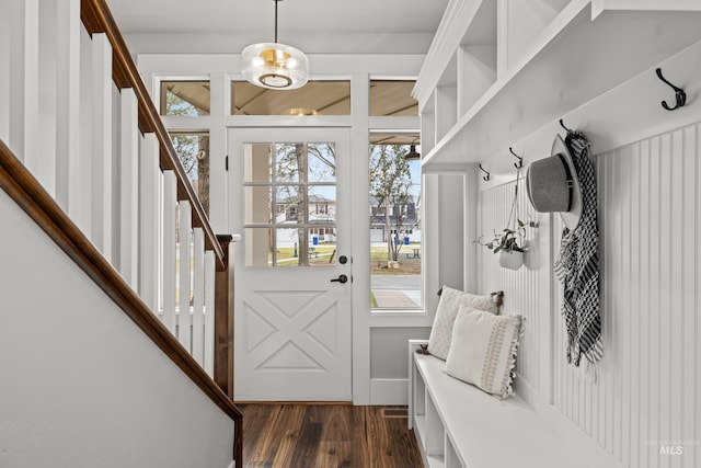 mudroom featuring dark wood-type flooring