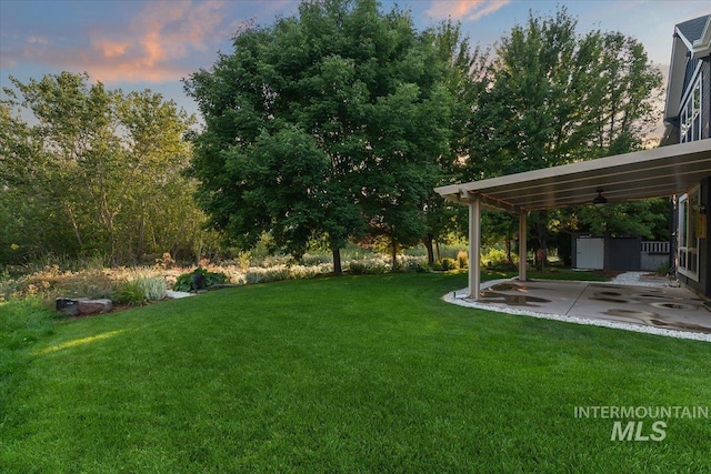 yard at dusk featuring a patio