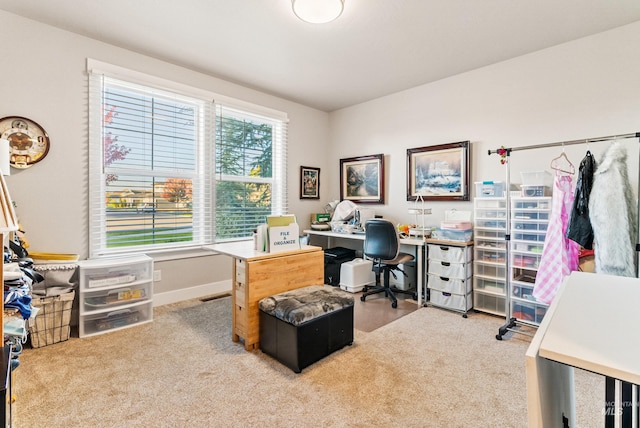 office area featuring light colored carpet