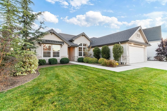 ranch-style home with a front yard and a garage