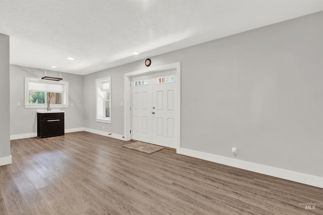 entryway with a textured ceiling, hardwood / wood-style flooring, and sink