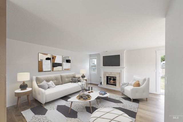 living room with a fireplace, light hardwood / wood-style floors, and a wealth of natural light