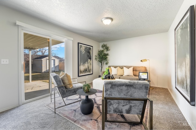 living room featuring carpet floors and a textured ceiling