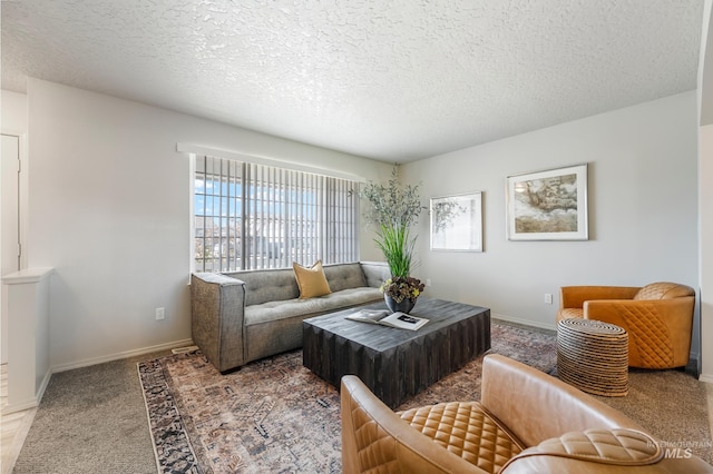 carpeted living room with a textured ceiling