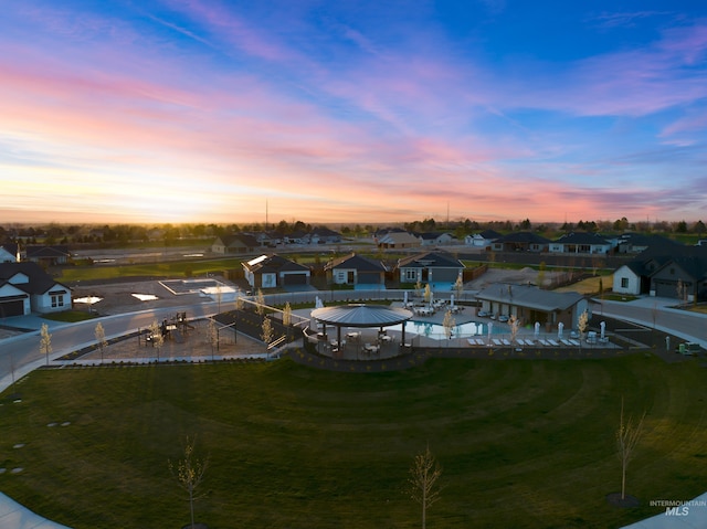 view of aerial view at dusk