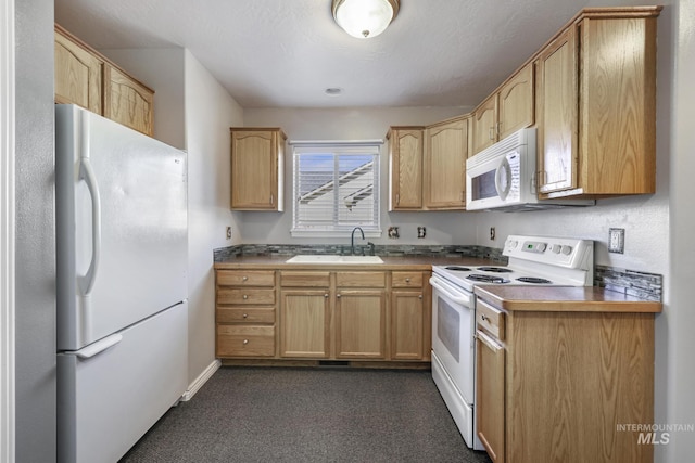 2563 Paintbrush Dr, Twin Falls, ID 83301 - kitchen featuring white appliances, dark colored carpet, and light brown cabinetry