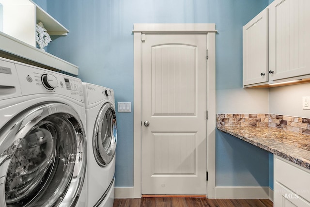 998 E Shadow Creek Ln, Eagle, ID 83616 - clothes washing area featuring washer and clothes dryer, dark wood-type flooring, cabinet space, and baseboards