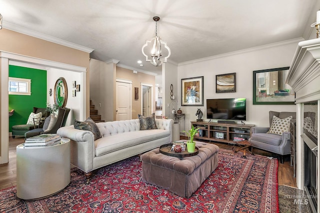 998 E Shadow Creek Ln, Eagle, ID 83616 - living room with wood finished floors, a chandelier, crown molding, and stairway