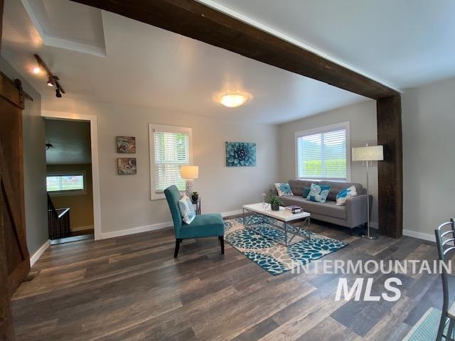 living area featuring wood finished floors, a barn door, baseboards, and track lighting