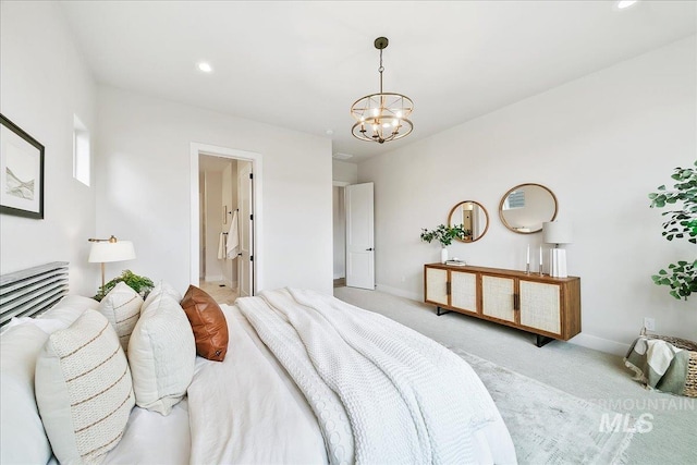 6356 S Cubola Way, Meridian, ID 83642 - bedroom featuring light carpet, a chandelier, baseboards, recessed lighting, and ensuite bath