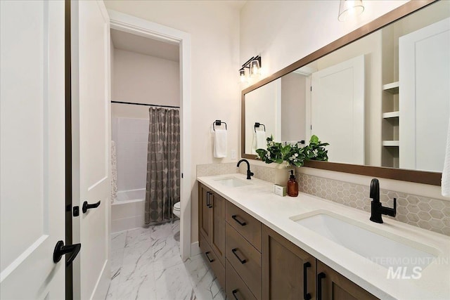 6356 S Cubola Way, Meridian, ID 83642 - full bathroom with marble finish floors, double vanity, toilet, shower / bath combo, and baseboards