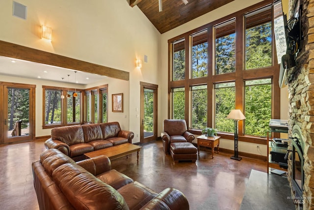 278 Elk Lake Rd, New Meadows, ID 83654 - living area with high vaulted ceiling, concrete flooring, a wood ceiling with exposed beams, and recessed lighting
