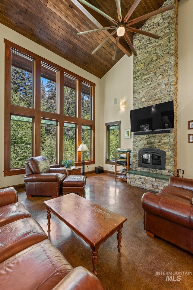 278 Elk Lake Rd, New Meadows, ID 83654 - living area with wooden ceiling, ceiling fan, high vaulted ceiling, and a fireplace