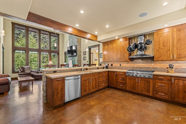 278 Elk Lake Rd, New Meadows, ID 83654 - kitchen featuring stainless steel appliances, finished concrete floors, decorative backsplash, open floor plan, and recessed lighting