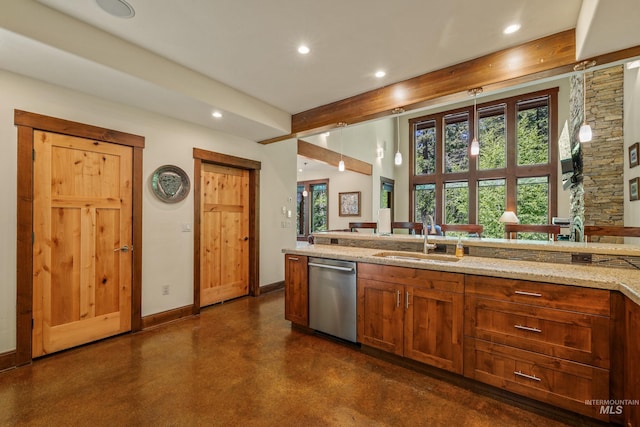 278 Elk Lake Rd, New Meadows, ID 83654 - kitchen with dishwasher, finished concrete floors, recessed lighting, light stone countertops, and pendant lighting