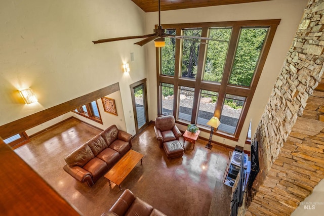 278 Elk Lake Rd, New Meadows, ID 83654 - living area featuring ceiling fan, high vaulted ceiling, and wooden ceiling