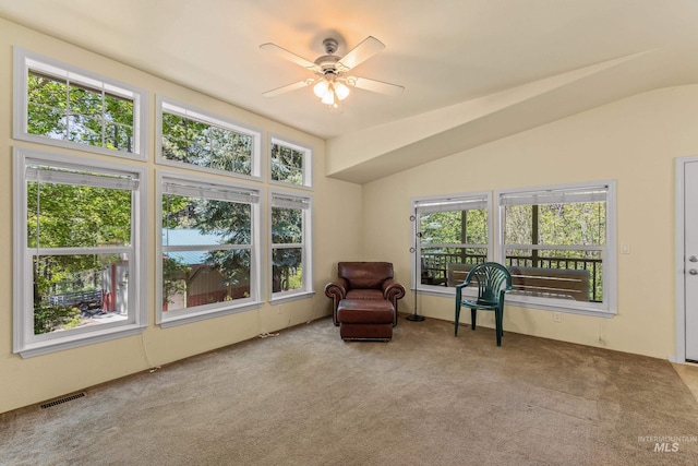278 Elk Lake Rd, New Meadows, ID 83654 - living area with carpet, ceiling fan, and lofted ceiling