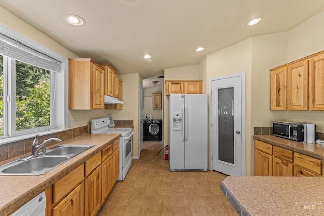 278 Elk Lake Rd, New Meadows, ID 83654 - kitchen with white appliances, under cabinet range hood, washer / clothes dryer, recessed lighting, and light floors
