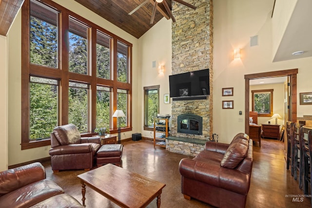 278 Elk Lake Rd, New Meadows, ID 83654 - living area featuring high vaulted ceiling, a ceiling fan, wood ceiling, and a fireplace