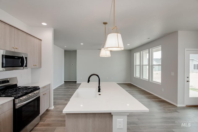 kitchen with a kitchen island with sink, stainless steel appliances, light countertops, and open floor plan