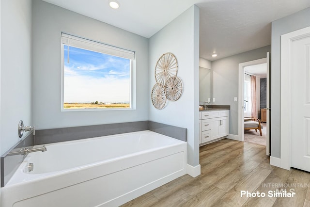 bathroom featuring hardwood / wood-style floors, vanity, and a tub