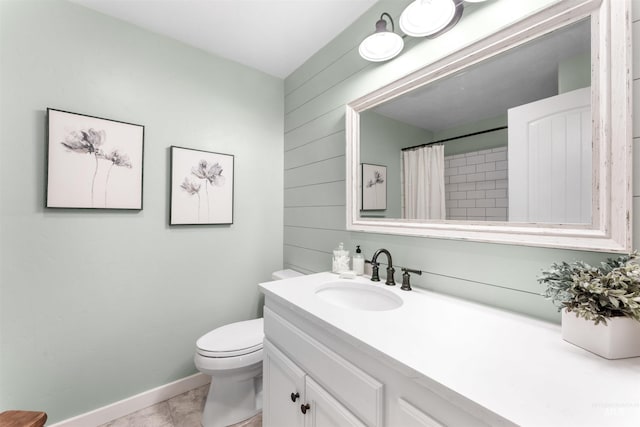 full bath featuring toilet, baseboards, vanity, a shower with shower curtain, and wood walls
