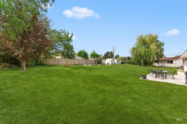 view of yard with a patio, a shed, and an outdoor structure