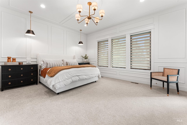 2664 N Yount Way, Eagle, ID 83616 - bedroom featuring a decorative wall, a chandelier, carpet, and recessed lighting