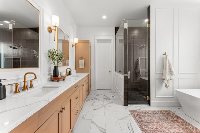 2664 N Yount Way, Eagle, ID 83616 - bathroom with marble finish floors, a stall shower, double vanity, a freestanding tub, and recessed lighting