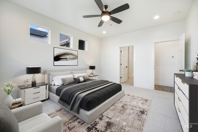 bedroom featuring recessed lighting, baseboards, and ceiling fan