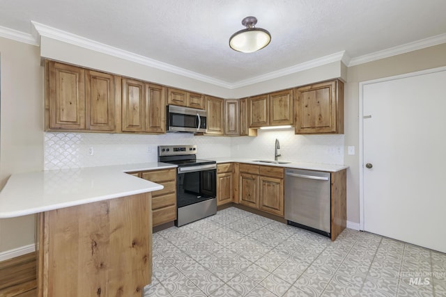 kitchen with sink, kitchen peninsula, stainless steel appliances, and ornamental molding