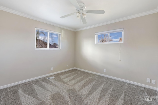 carpeted spare room with plenty of natural light, ceiling fan, and crown molding