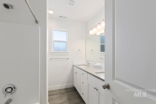 bathroom featuring vanity and wood-type flooring