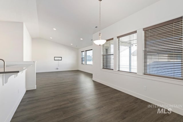 interior space with vaulted ceiling and dark hardwood / wood-style flooring