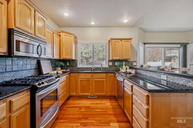 kitchen featuring sink, light hardwood / wood-style floors, dark stone counters, and stainless steel appliances