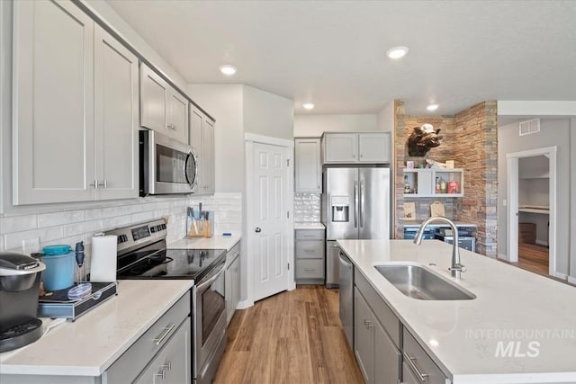 5006 Clearfield St, Caldwell, ID 83605 - kitchen with stainless steel appliances, gray cabinetry, a sink, tasteful backsplash, and recessed lighting