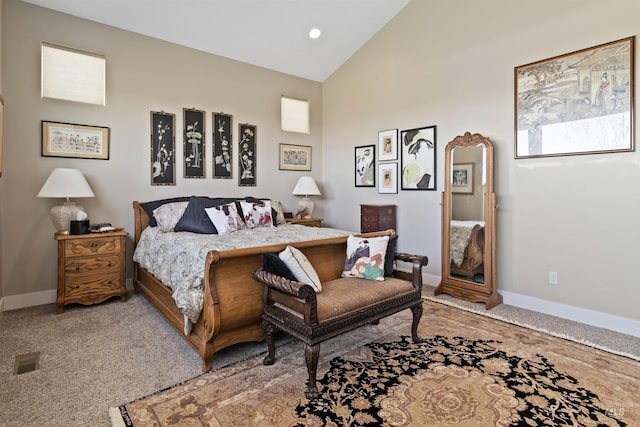 2468 E Lodge Trail Dr, Meridian, ID 83642 - carpeted bedroom with baseboards, vaulted ceiling, visible vents, and recessed lighting