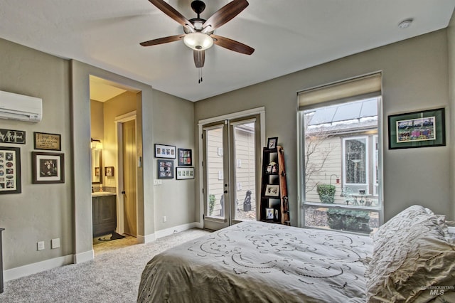 2468 E Lodge Trail Dr, Meridian, ID 83642 - bedroom featuring baseboards, light carpet, ensuite bath, access to exterior, and a wall unit AC