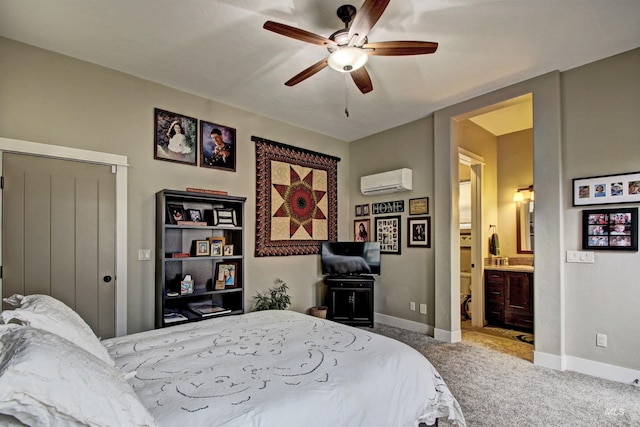 2468 E Lodge Trail Dr, Meridian, ID 83642 - bedroom with baseboards, a ceiling fan, connected bathroom, carpet flooring, and a wall unit AC