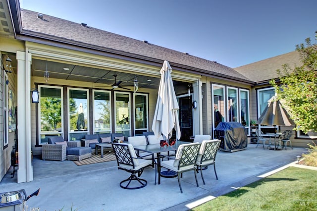2468 E Lodge Trail Dr, Meridian, ID 83642 - rear view of house featuring outdoor lounge area, a shingled roof, a patio area, and a ceiling fan