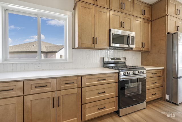 kitchen with stainless steel appliances, tasteful backsplash, and light hardwood / wood-style flooring