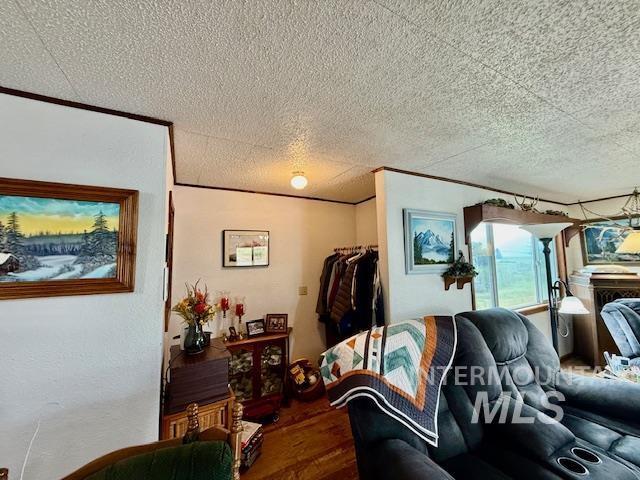 908 Pine St, Anatone, WA 99401 - living room featuring a textured ceiling, wood finished floors, and ornamental molding