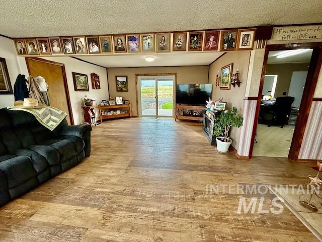 908 Pine St, Anatone, WA 99401 - living area featuring wood finished floors and a textured ceiling