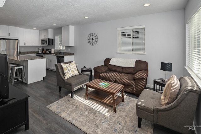 living area featuring dark wood finished floors, a textured ceiling, and a healthy amount of sunlight