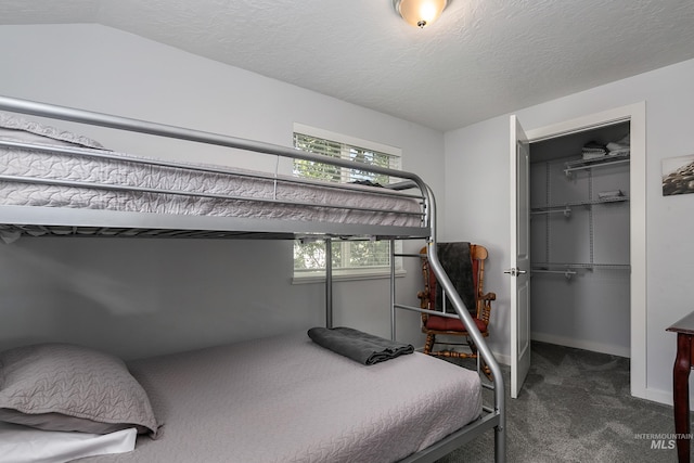 carpeted bedroom featuring a spacious closet, baseboards, a closet, and a textured ceiling
