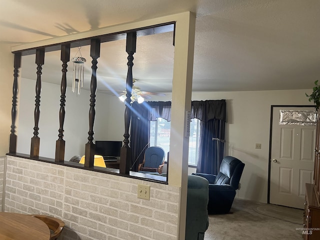 room details featuring a textured ceiling, carpet, and a ceiling fan